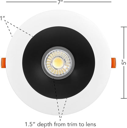 Maxxima 6” Ultra-Thin Recessed Anti-Glare LED Downlight, Canless IC Rated, 1200 Lumens, 5 CCT Select 2700K/3000K/3500K/4000K/5000K, Dimmable, White Trim Black Baffle, 90 CRI, Slim J-Box Included