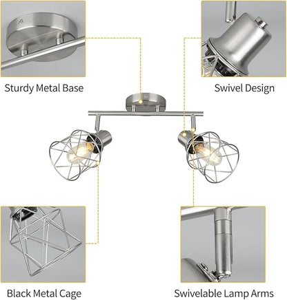 WILON Industrial Track Lighting Kit, 2 Light Modern Track Lighting Fixtures Brushed Nickel Flush Mount Ceiling Light Rotatable Light Head E26 Base Ceiling Spotlight for Kitchen Dining Room Hallway