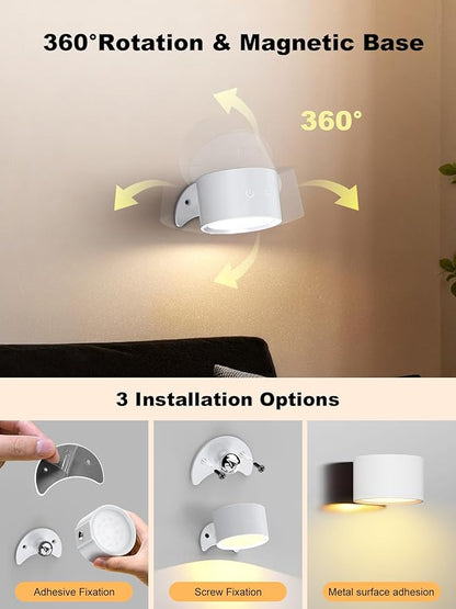 Smiling Shark Wireless Wall Light, Rechargeable Wall Light LED 360° Rotate Magnetic 3 Color & 4 Brightness Stepless Dimming Adhesive Rechargeable Wall Sconce for Bedroom Bedside, White