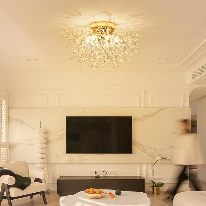 AGV LIGHTING CL023G Crystal Ceiling Light, Close to Ceiling Flushmount Light Fixture, Firework Design Dandelion Shape, 6-Lights, D18 x H10, Gold Finish
