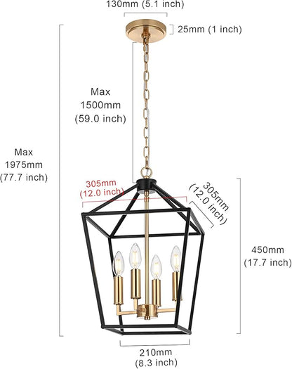 MELUCEE 4-Light Farmhouse Cage Pendant Light in Black Vintage Chandelier Lantern Hanging Light Fixtures Ceiling with Brass Candle-Shaped Socket for Kitchen Island, Dining Room, Foyer