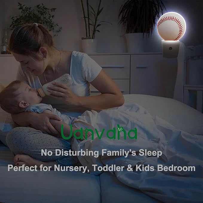 Home Baseball Decorative Night Light Sports Theme White and Red Baseball Laces Softball Laces Night Lights Plug into Wall with Dusk to Dawn Sensor for Boys Men Room Decor