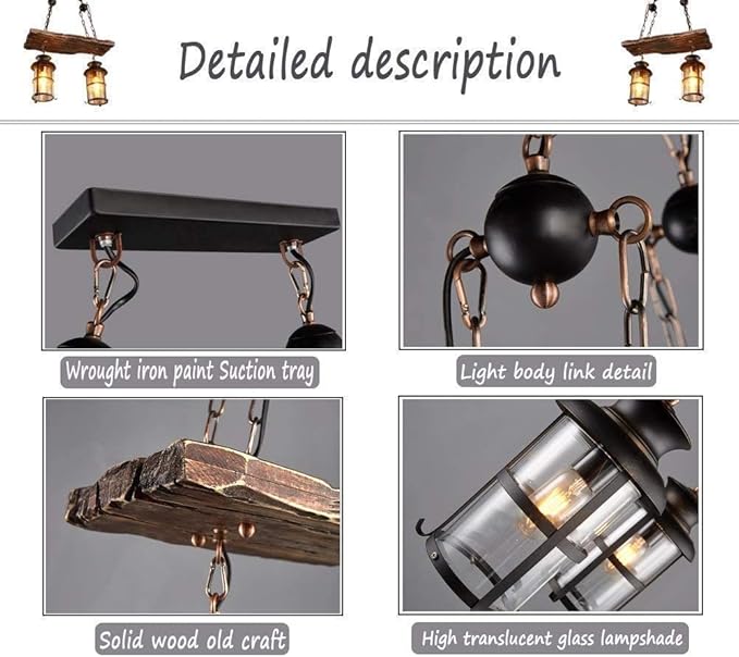 Wood Retro Pendant Lighting Industrial Vintage Chandelier Black Metal Bedroom Restaurant Suspension Lamp Cage Frame with Glass Shade House Loft Bar Coffee Decoration Ceiling Lights Fitting, E27