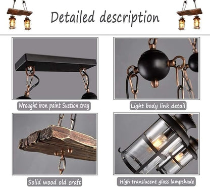 Wood Retro Pendant Lighting Industrial Vintage Chandelier Black Metal Bedroom Restaurant Suspension Lamp Cage Frame with Glass Shade House Loft Bar Coffee Decoration Ceiling Lights Fitting, E27