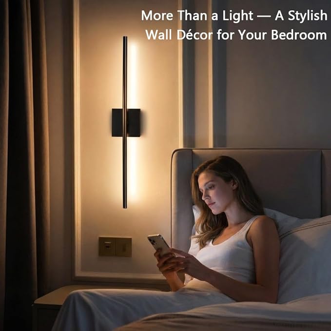 Rechargable Wall Sconce Set of Two, Modern Wireless Living Room Wall Decor Lights with Remote, 28.35Inch Dimmable Indoor Home Decor Lights for Bedroom, Living Room, Hallway (Black/Square)