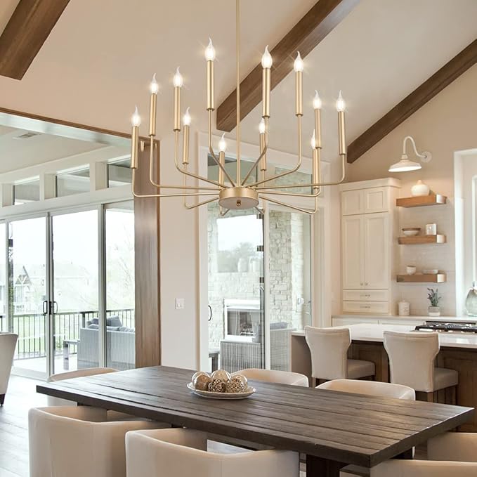 Yiisem Modern Farmhouse Gold Chandelier, 12-Light Rustic Candle Chandelier, Industrial Hanging Chandeliers for Dining Room, Kitchen, Foyer, Entryway, Living Room