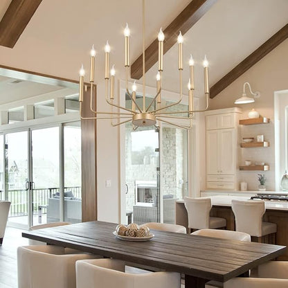 Yiisem Modern Farmhouse Gold Chandelier, 12-Light Rustic Candle Chandelier, Industrial Hanging Chandeliers for Dining Room, Kitchen, Foyer, Entryway, Living Room