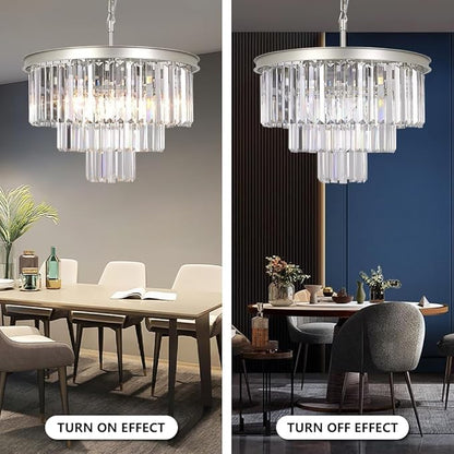 Crystal Nickel Modern Chandeliers Lights Vintage Pendant Ceiling Light Traditional Chandelier Lighting Fixture 3-Tier for Dining Room Living Room Kitchen Island Bedroom Entryway