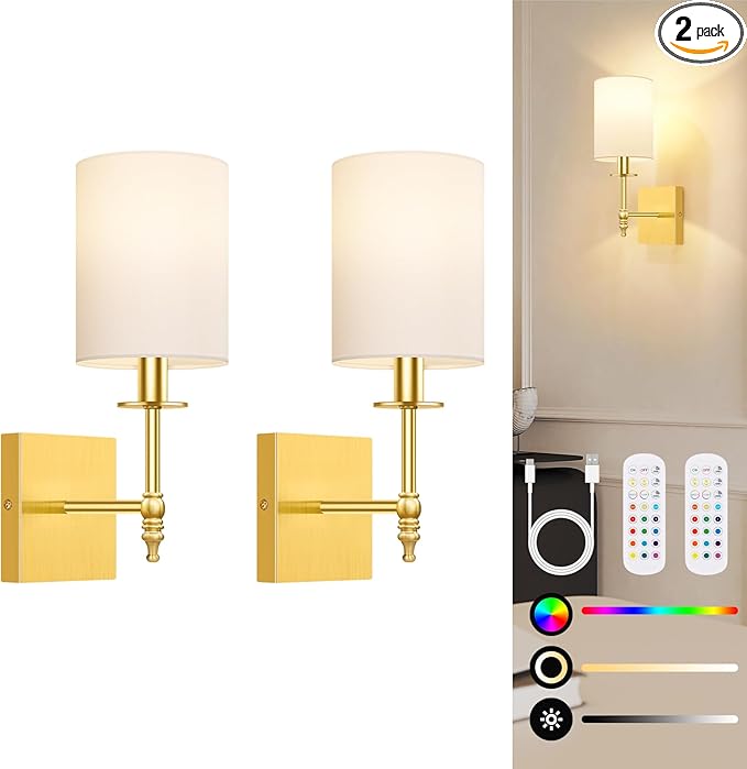 Bosceos 14.5 Inch Battery Operated Wall Sconces Set of 2, Gold Rechargeable Wall Lights with Remote, Wireless Wall Lamps with 15 Color Dimmable Bulbs for Bedroom Living Room Hallway Decor