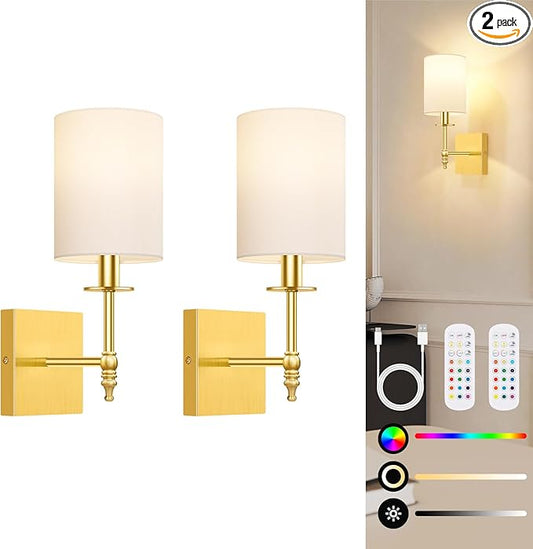 Bosceos 14.5 Inch Battery Operated Wall Sconces Set of 2, Gold Rechargeable Wall Lights with Remote, Wireless Wall Lamps with 15 Color Dimmable Bulbs for Bedroom Living Room Hallway Decor