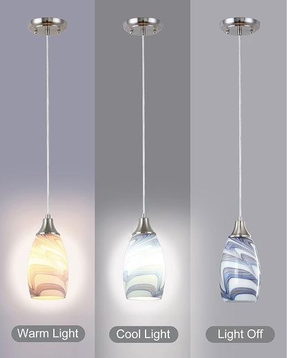 karyfine Mini Art Glass Pendant Lights Kitchen Island Blown Glass Pendant Lighting with Brushed Nickel Finish Adjustable Cord Ceiling Hanging Lamp for Hallway,Dining Room White and Dark Blue-1P