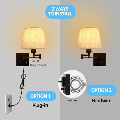 Bedside Wall Mount Light with Dimmable Switch and Outlet, Swing Arm Fabric Shade Wall Sconce Light with USB Port and Plug in Cord, Black Wall Lamp for Bedroom, Living Room and Hotel