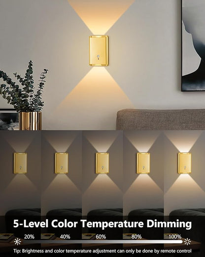 Rechargeable Motion Sensor Wall Sconce Set of 2 – 5000mAh Wireless Battery Operated Wall Light Indoor,3 Colors Up/Down Lighting Magnetic Night Light with Remote Control for Bedroom,Hallway (Gold)