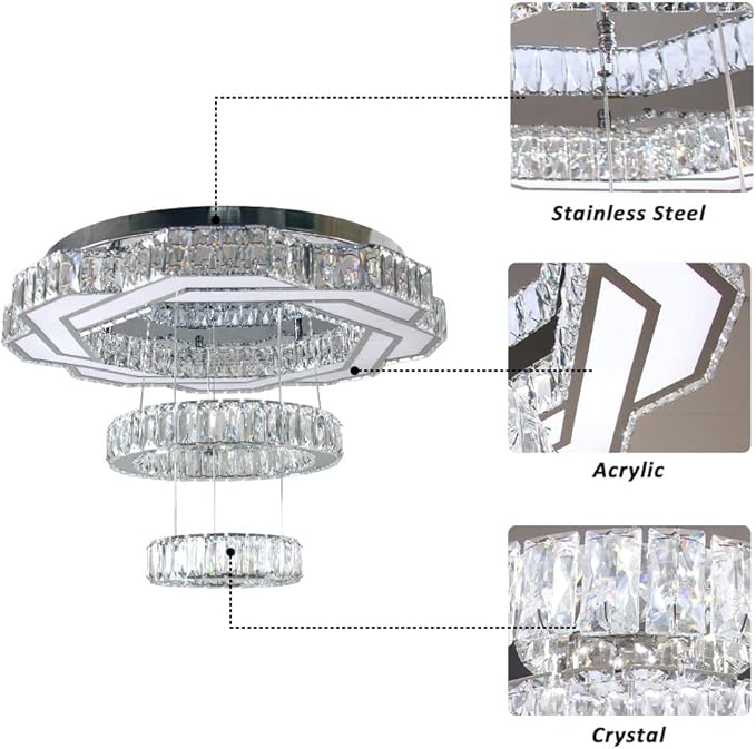 22.5" Modern Crystal Chandeliers Living Room Modern Crystal Ceiling Light 3 Color Change Pendant Light Flush Mount Chandelier for Bedrooms Dining Room Entryway Changeable