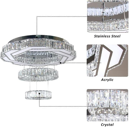 22.5" Crystal Chandeliers Modern Living Room Chandelier LED Crystal Ceiling Light 2 Rings Pendant Light Flush Mount Chandelier for Bedroom Dining Room Entryway Warm