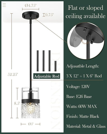LMS 2-Pack Pendant Lights, 5 Inch Dia Industrial Linear Light Fixtures for Kitchen Island with Adjustable Rods, Medium Hanging Lamp with Hammered Glass, LMS-171PL-BKM-2PK