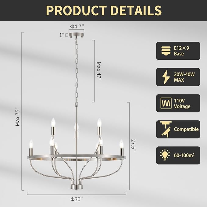 9-Light Brushed Nickel Chandelier, Modern Candle Chandeliers for Dining Room 30" Metal Vintage Farmhouse Chrome Chandelier Light Fixture for Kitchen Island, Bedroom, Foyer, Living Room