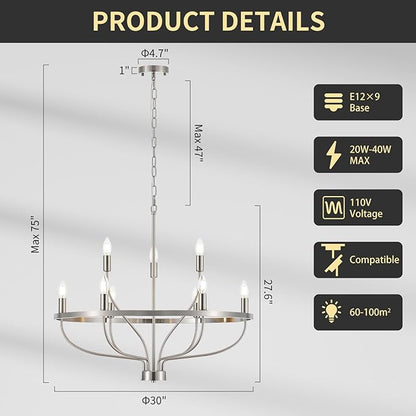 9-Light Brushed Nickel Chandelier, Modern Candle Chandeliers for Dining Room 30" Metal Vintage Farmhouse Chrome Chandelier Light Fixture for Kitchen Island, Bedroom, Foyer, Living Room