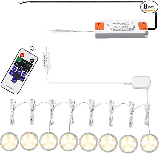 AIBOO Linkable Under Cabinet LED Lighting 12V Dimmable Puck Lights Hardwired with Wireless RF Remote Control for Kitchen Mood Lighting(8 Lights, Warm White, NO Wall Plug)