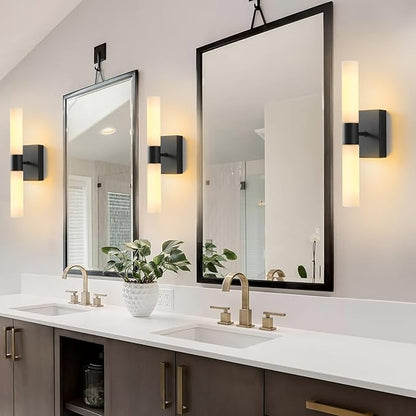 KUZZULL Wall Sconces Set of Two Matte Black Modern Bathroom Sconces Lighting Set of 2 Frosted Glass Shade Indoor Wall Lamp Wall Mounted Lights Metal Wall Light Fixtures for Living Room Stairs