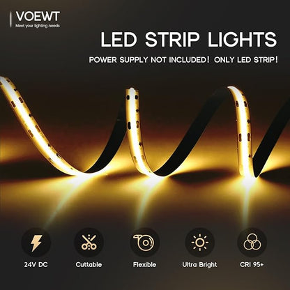COB LED Strip Lights Daylight White 6000K,16.4ft 24V High CRI 95Ra+ Super Bright,Flexible Tape Lights for Bedroom,Mirror,Kitchen Cabinet, Living Room(Power Supply Not Included)