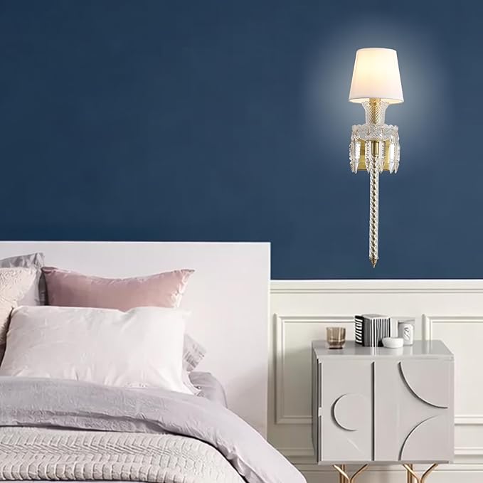 Modern Crystal Wall Sconce with Linen Shade Vintage Crystal Gold Wall Light Modern Glass Golden Wall Lamp for Bedroom, Hallway, Living Room, Mirror