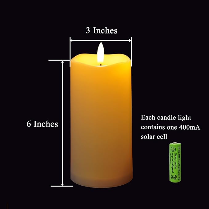 Outdoor Solar Powered Candles, 3" x 6" Ivory White Flickering Flameless Candle Set, LED Rechargeable Pillar Waterproof Candles for Outdoor Lanterns,Patio Decor, Set of 2