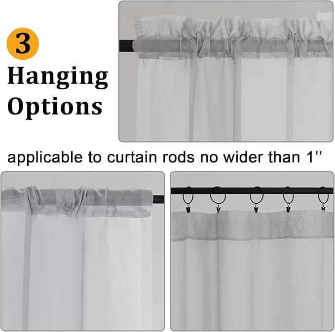 Gwine Light Grey Sheer Curtains 30 Inch Length, Short Light Filtering Voile Small Cafe Kitchen Curtains with Rod Pocket, Short Curtain for Bathroom Window, 42x30 Inch, 2PCS