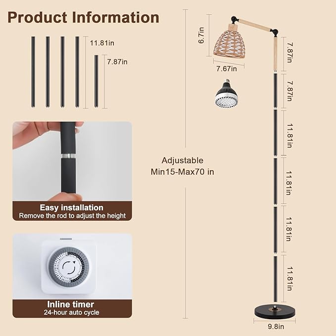 30W standing grow lights for indoor plants, 70-inch indoor adjustable angle plant lamp, 4000K floor-standing plant lamp, equipped with a 24-hour cycle timer, suitable for medium and large plants