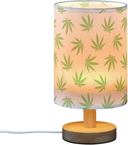 Table Lamp Green Marijuana Leaf Cannabis Weed Leaves on White Nightstand Lamp with Wood Base Fabric Lamp Shade Bedside Desk Lamp for Living Room Bedroom Kids Room Office