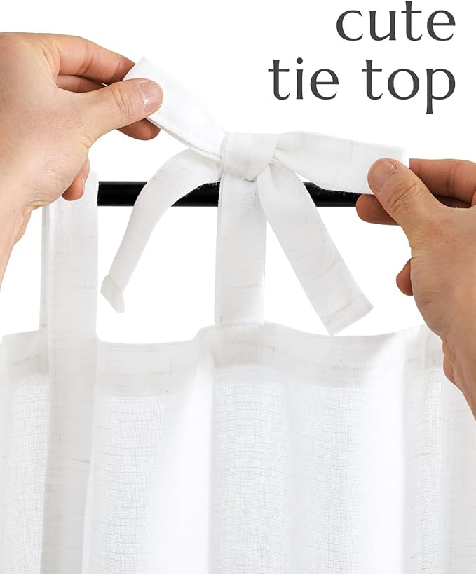 jinchan Tie Top Linen Kitchen Curtains Over Sink 36 Inch Length Tier Curtains Farmhouse Rustic Small Cafe Curtain for Bedroom Living Room Bathroom Half Window Light Filtering Privacy 2 Panels White