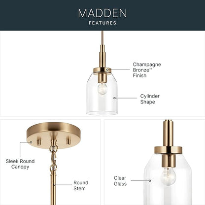 Kichler Madden 1-Light Mini Pendant Light Fixture with Clear Glass Shade in Champagne Bronze, Sloped Ceiling Compatible for Kitchen Island Hanging Lighting (15" x 7 "), 52725CPZ