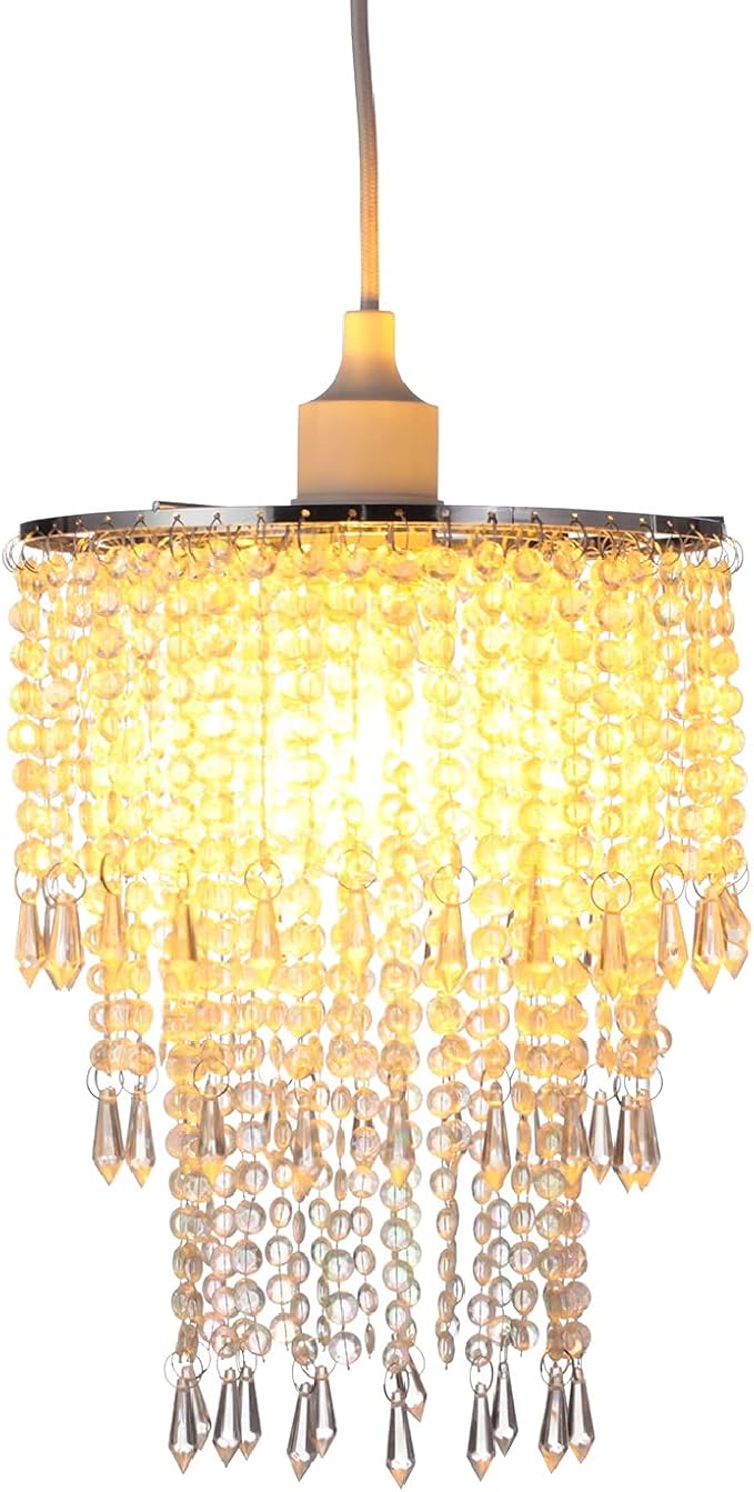 Acrylic Chandelier Shade, Ceiling Light Shade Beaded Pendant Lampshade with Crystal Beads and Chrome Frame for Bedroom, Wedding or Party Decoration, Diameter 8.7'' 3 Tiers