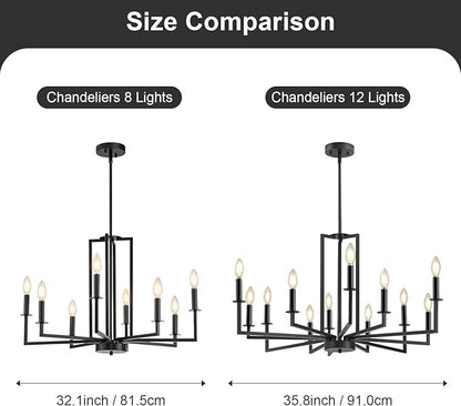 Modern Black Chandelier, Farmhouse Candle Dining Room Chandeliers, Metal Hanging Pendant Light Fixture for Kitchen, Foyer, Bedroom, Living Room, Staircase, Entryway, 8-Light