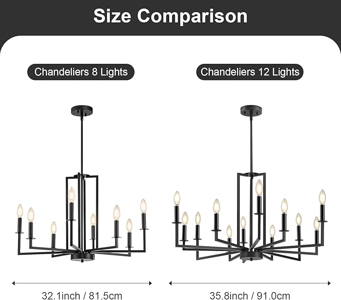 Modern Black Chandelier, Farmhouse Candle Dining Room Chandeliers Over Table, Metal Hanging Pendant Light Fixture for Kitchen, Foyer, Bedroom, Living Room, Staircase, Entryway, 12-Light