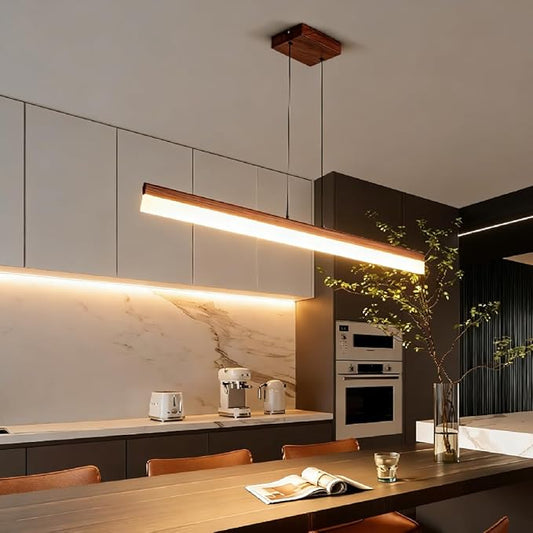 39" Modern Linear Pendant Light Dimmable LED Ceiling Hanging Light Fixtures Woodgrain Linear Chandelier with Adjustable Height for Kitchen Island Dining Room 3000K