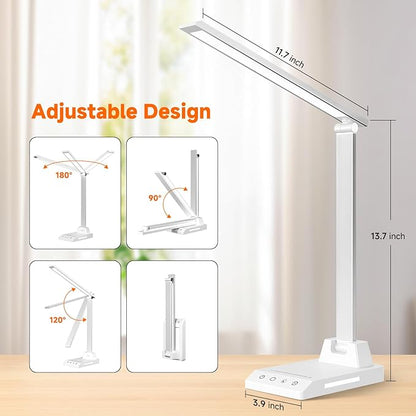 ShineTech LED Desk Lamp for Home Office, Dimmable Desk Light with 25 Lighting Combinations and USB Port, Memory and Timer Folding Reading Light for Study Nightstand, White