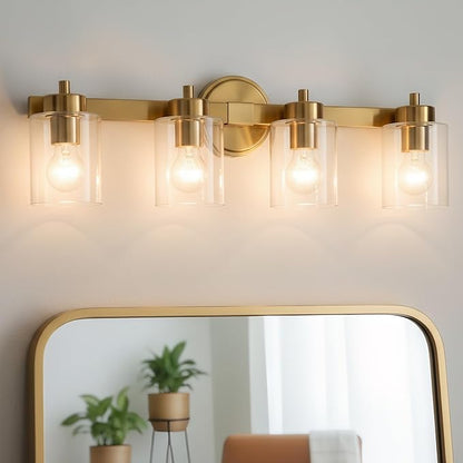 Ken & Ricky 4 Light Brushed Gold Bathroom Vanity Lights Fixtures Over Mirror, Modern Bathroom Wall Sconce Lighting Fixtures 24.6 inch with Clear Glass Shades for Living Room Bedroom Entryway