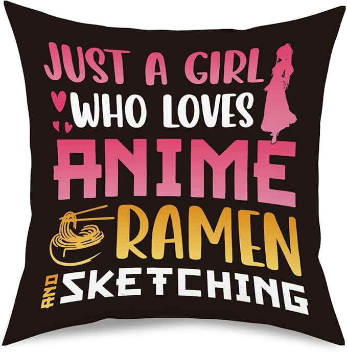 Anime Decor, Just a Girl Who Loves Anime Ramen Anime Room Decorative Throw Pillow Covers, Girls Anime Gifts Anime Lovers for Home Living Room Girl Women Bedroom Decoration Gifts Black