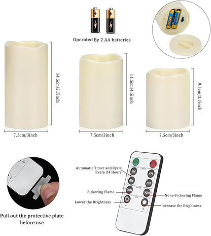 Artmarry Flameless Candles 4" 5" 6" Set of 9 Ivory Waterproof Pillars 3" Diameter Battery Operated Flickering Candles Include 10-Key Remote Timer Function 400+ Hours by 2 AA Batteries (9 Pack)