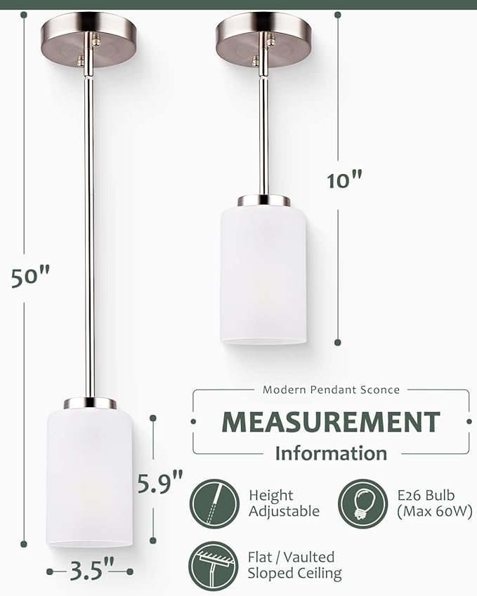 1-Light Mini Pendant Light Fixtures, Industrial Chandelier Hanging Ceiling Light with Opal White Shades, Adjustable Height, Brushed Nickel Pendant Lighting for Kitchen Bedroom Hallway, 3 Pack