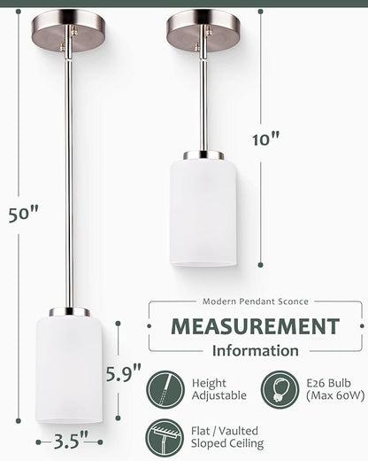 1-Light Mini Pendant Light Fixtures, Industrial Chandelier Hanging Ceiling Light with Opal White Shades, Adjustable Height, Brushed Nickel Pendant Lighting for Kitchen Bedroom Hallway, 3 Pack