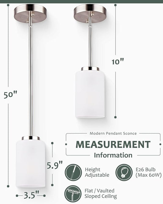 1-Light Mini Pendant Light Fixtures, Industrial Chandelier Hanging Ceiling Lights with Opal White Shade, Adjustable Height, Brushed Nickel Pendant Lighting, 5 Pack