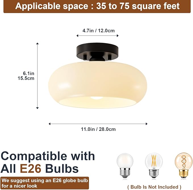 WOKNOS Mid-Century Modern Semi Flush Mount Ceiling Light, Metal Kitchen Light Fixture with Glass Shade,Vintage White and Black Colse to Ceiling Lamp for Entryway Hallway Bathroom (11.0 Inch)