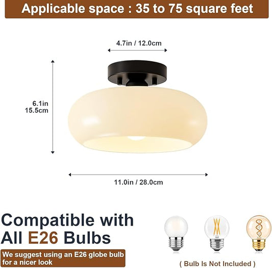 WOKNOS Mid-Century Modern Semi Flush Mount Ceiling Light, Metal Kitchen Light Fixture with Glass Shade,Vintage White and Black Colse to Ceiling Lamp for Entryway Hallway Bathroom (11.0 Inch)