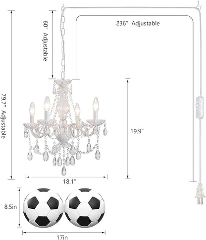 Plug in Crystal Ceramic White Chandelier, Glass Chandeliers,White crystal Hanging Pendant Light with Clear Cord and On/Off, 4 Light Crystal Chandelier for wedding, Kitchen, Dining,Foyer, Mini room
