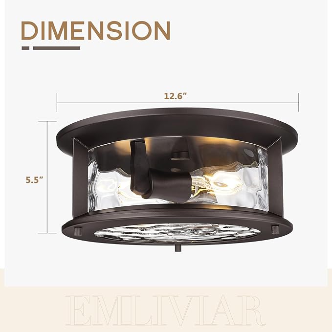 Emliviar Vintage Flush Mount Ceiling Light Fixture, 2-Light Farmhouse Close to Ceiling Mounted Lamp with Water Grain Glass for Kitchen, Oil Rubbed Bronze Finish, YE19108-F1 ORB-WG