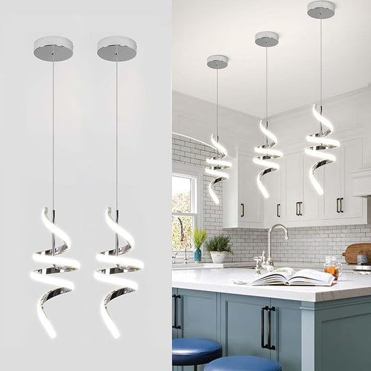 4000K Modern Pendant Light, 15IN Spiral LED Pendant Lights Adjustable Height Black Kitchen Island Fixtures Chandeliers for Dining Room Hanging Lights, 1 Pack (Chrome,4000K, Hardwired,2PACKS)