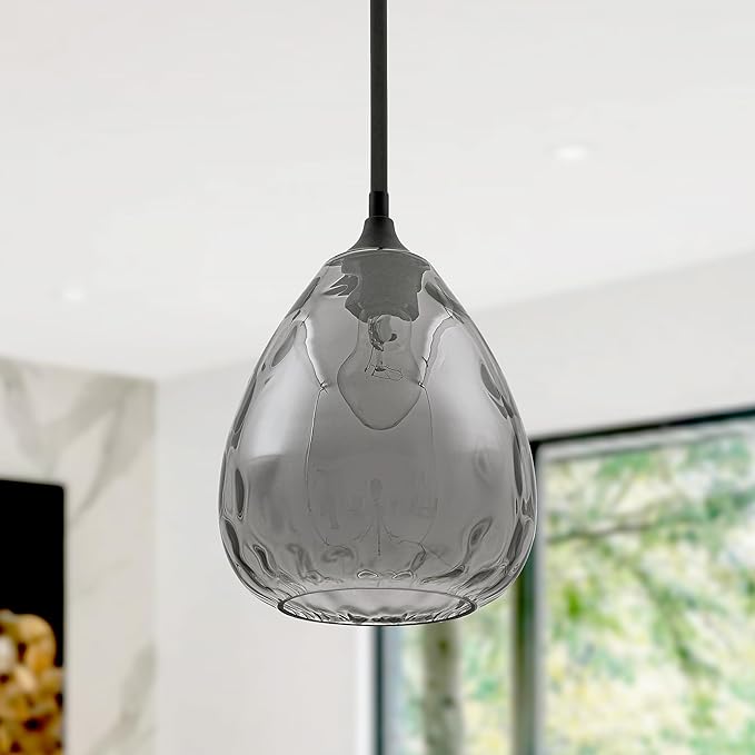 Smoked Hammered Glass Pendant Light with Matte Black Accent, Adjustable Hanging Lamp for Kitchen, Dining Room, and Living Room (Black & Smoked Glass)