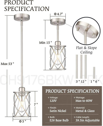 Brushed Nickel Pendant Lights Kitchen Island 2 Pack, Mini Glass Pendant Light Fixtures with Clear Glass, Modern Hanging Lighting for Kitchen Sink Dining Room Bathroom, CH9176BN-2PK